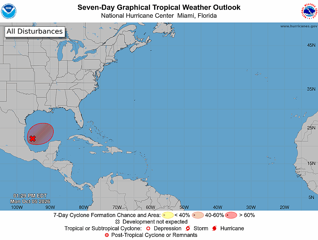 NHC Atlantic seven-day outlook; issuance timestamp and probability legend embedded in graphic