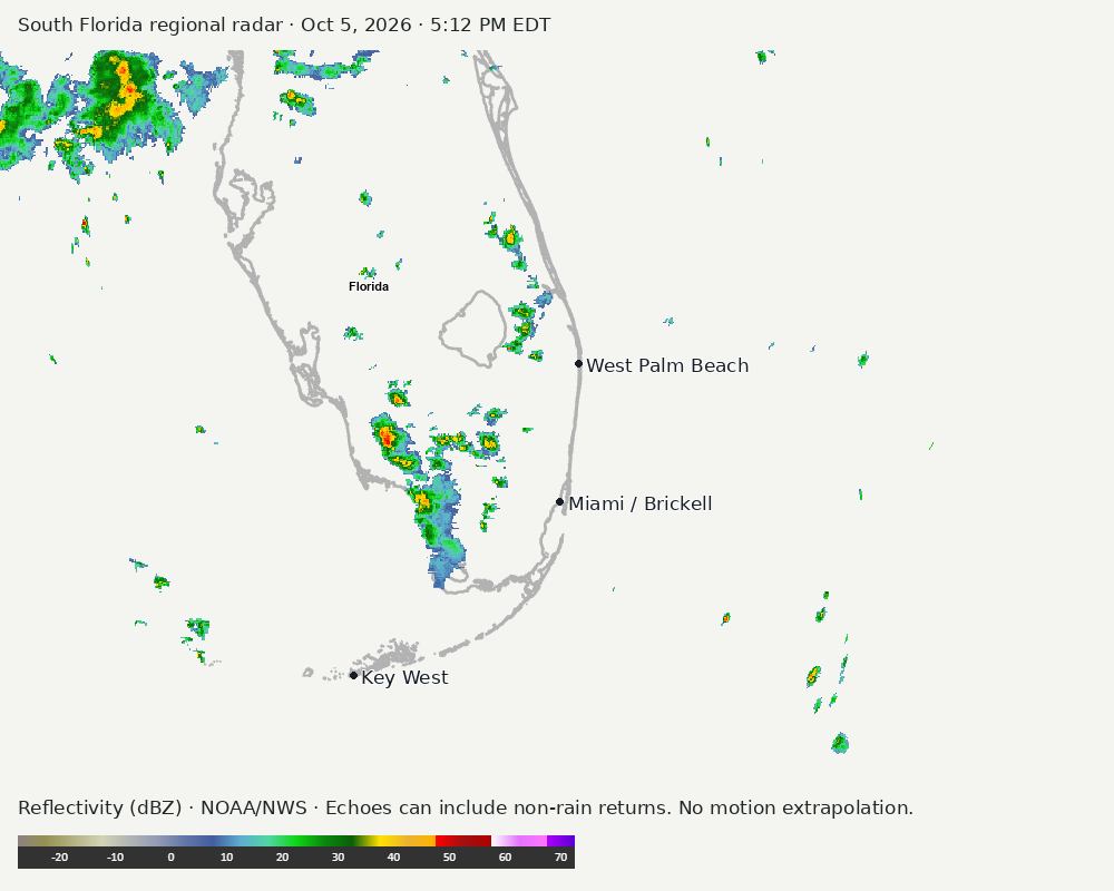 Regional South Florida radar at Oct 5, 2026 · 5:12 PM EDT; open full-size image for map and legend