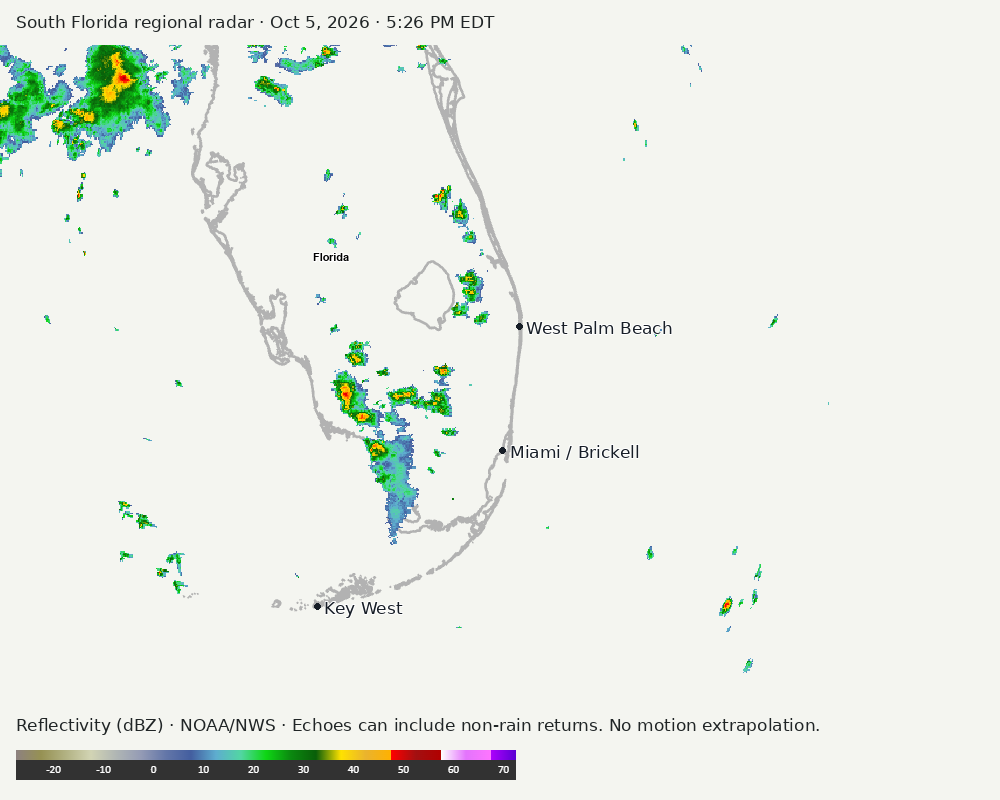 Regional South Florida radar at Oct 5, 2026 · 5:26 PM EDT; open full-size image for map and legend