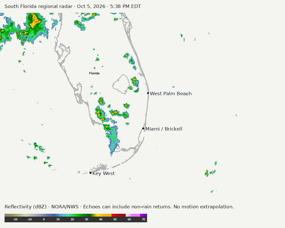 Regional South Florida radar at Oct 5, 2026 · 5:38 PM EDT; open full-size image for map and legend
