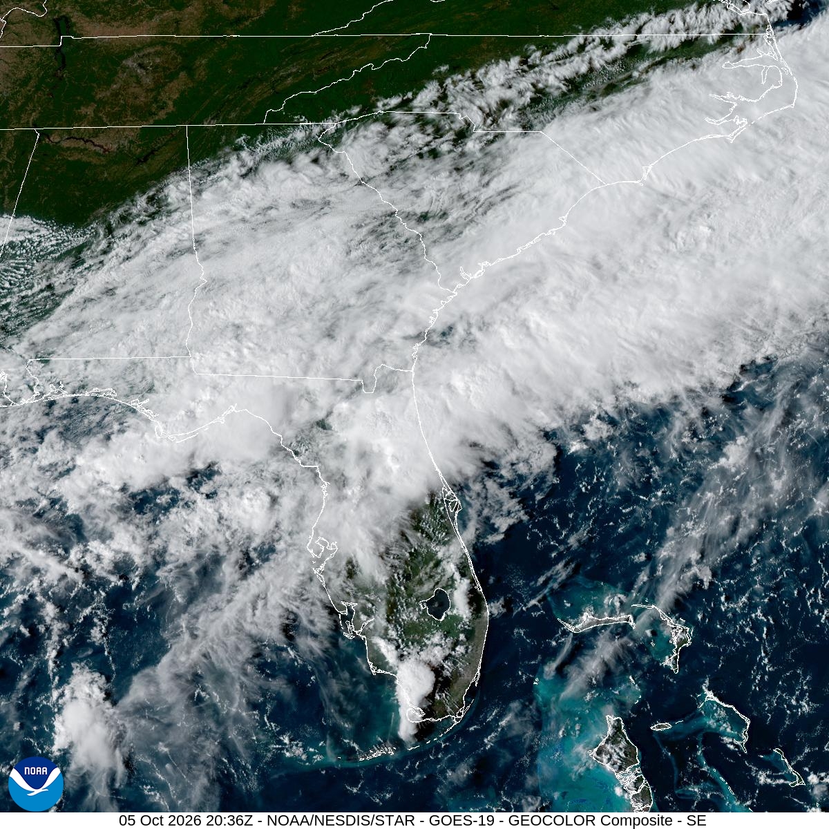 Southeast GeoColor satellite at Oct 5, 2026 · 4:36 PM EDT; open full-size image for map and legend