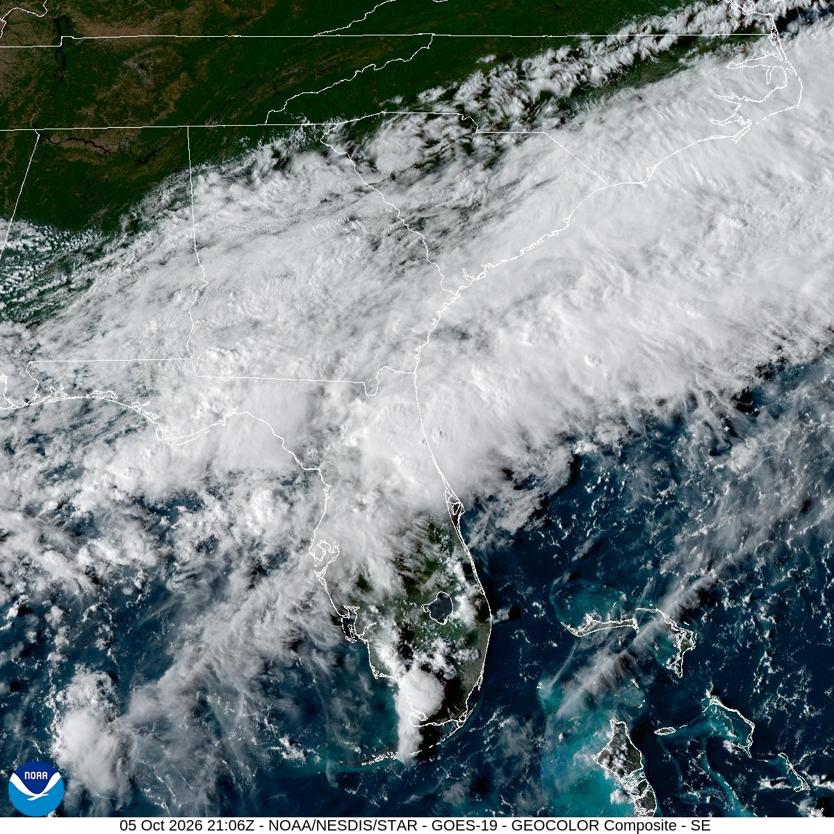 Southeast GeoColor satellite at Oct 5, 2026 · 5:06 PM EDT; open full-size image for map and legend