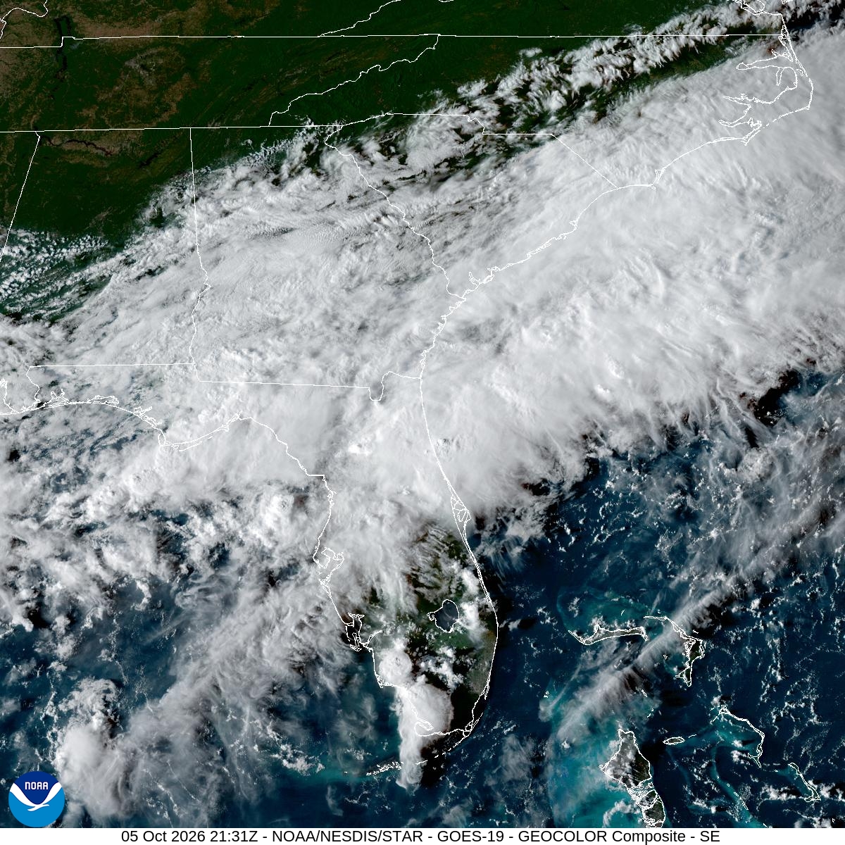 Southeast GeoColor satellite at Oct 5, 2026 · 5:31 PM EDT; open full-size image for map and legend