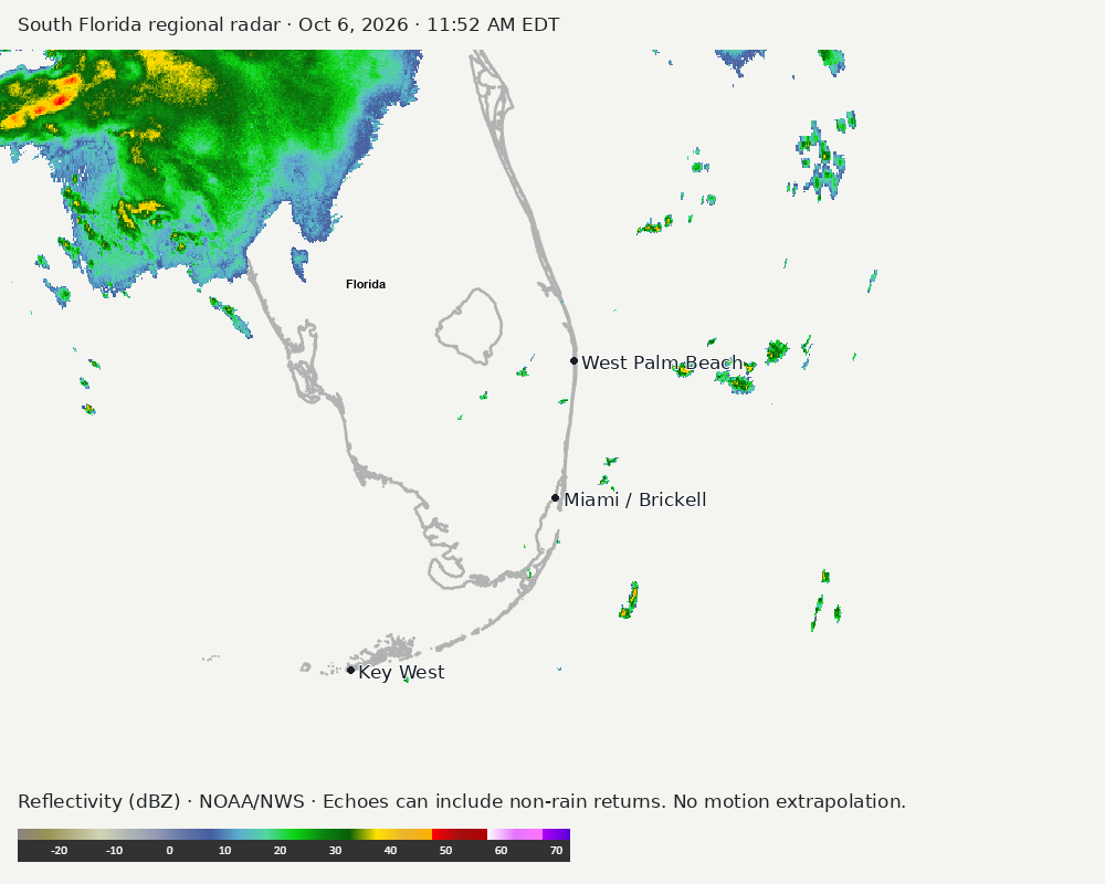 Regional South Florida radar at Oct 6, 2026 · 11:52 AM EDT; open full-size image for map and legend