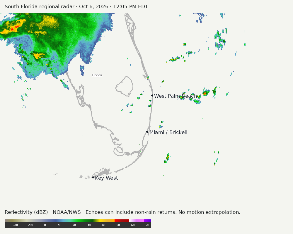 Regional South Florida radar at Oct 6, 2026 · 12:05 PM EDT; open full-size image for map and legend