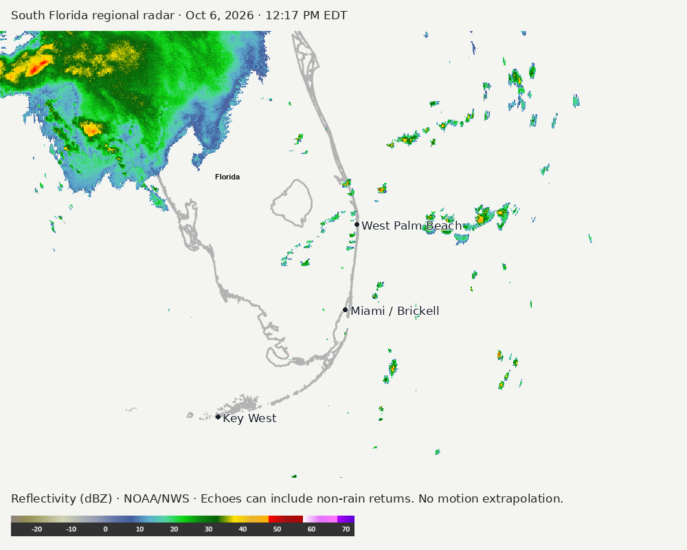 Regional South Florida radar at Oct 6, 2026 · 12:17 PM EDT; open full-size image for map and legend