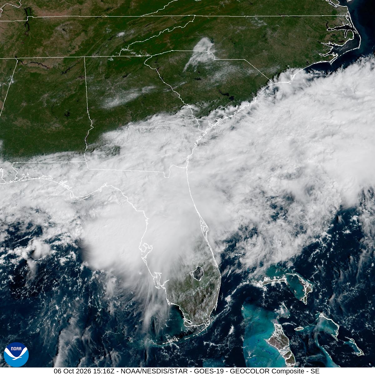 Southeast GeoColor satellite at Oct 6, 2026 · 11:16 AM EDT; open full-size image for map and legend