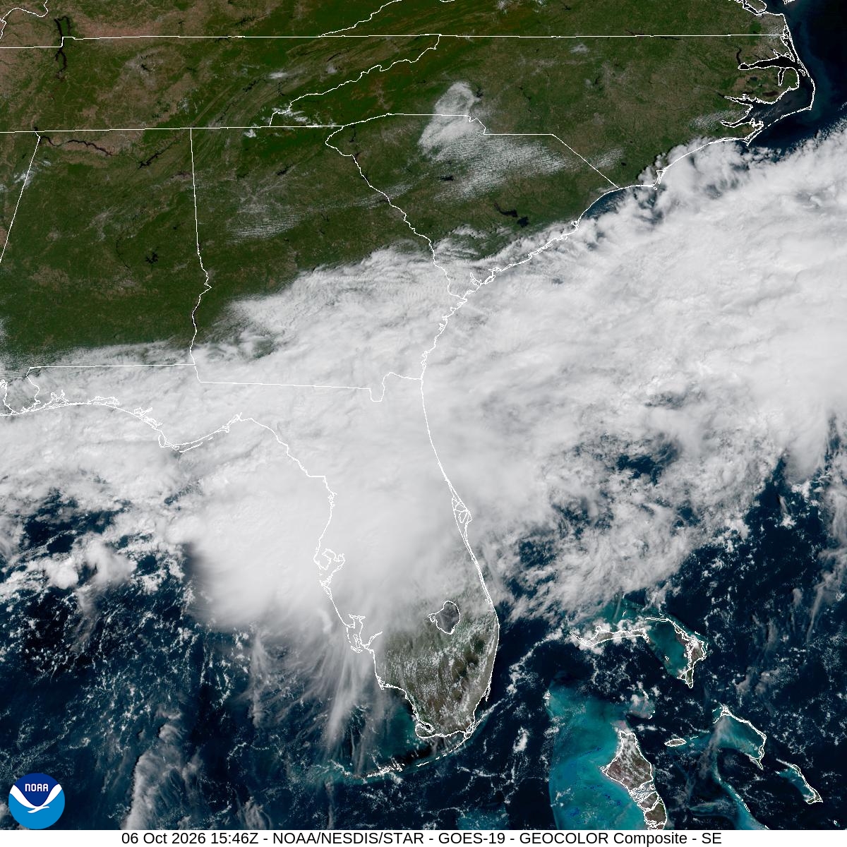Southeast GeoColor satellite at Oct 6, 2026 · 11:46 AM EDT; open full-size image for map and legend