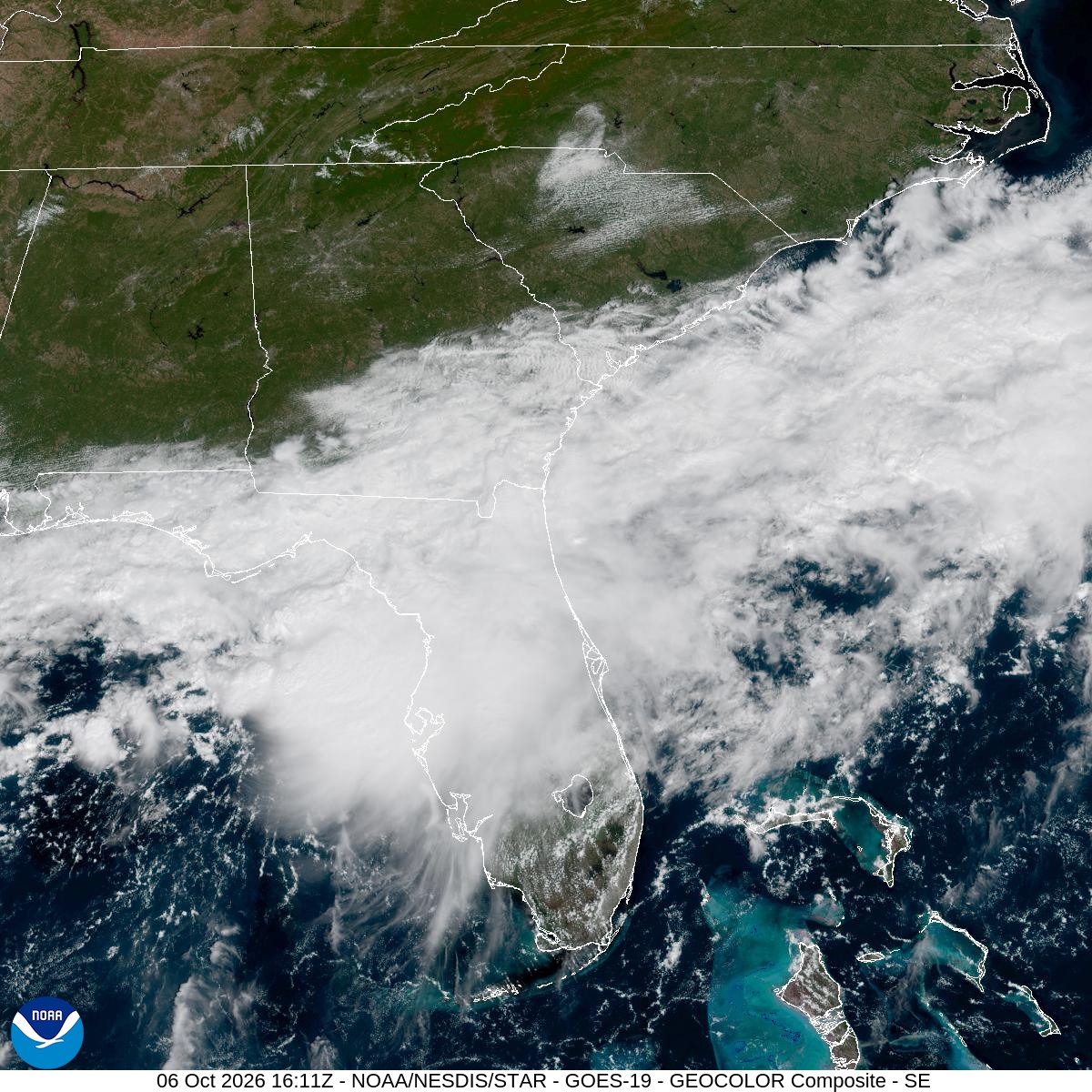 Southeast GeoColor satellite at Oct 6, 2026 · 12:11 PM EDT; open full-size image for map and legend