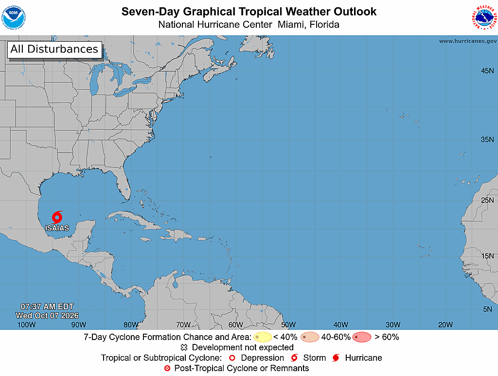 NHC Atlantic seven-day outlook; issuance timestamp and probability legend embedded in graphic