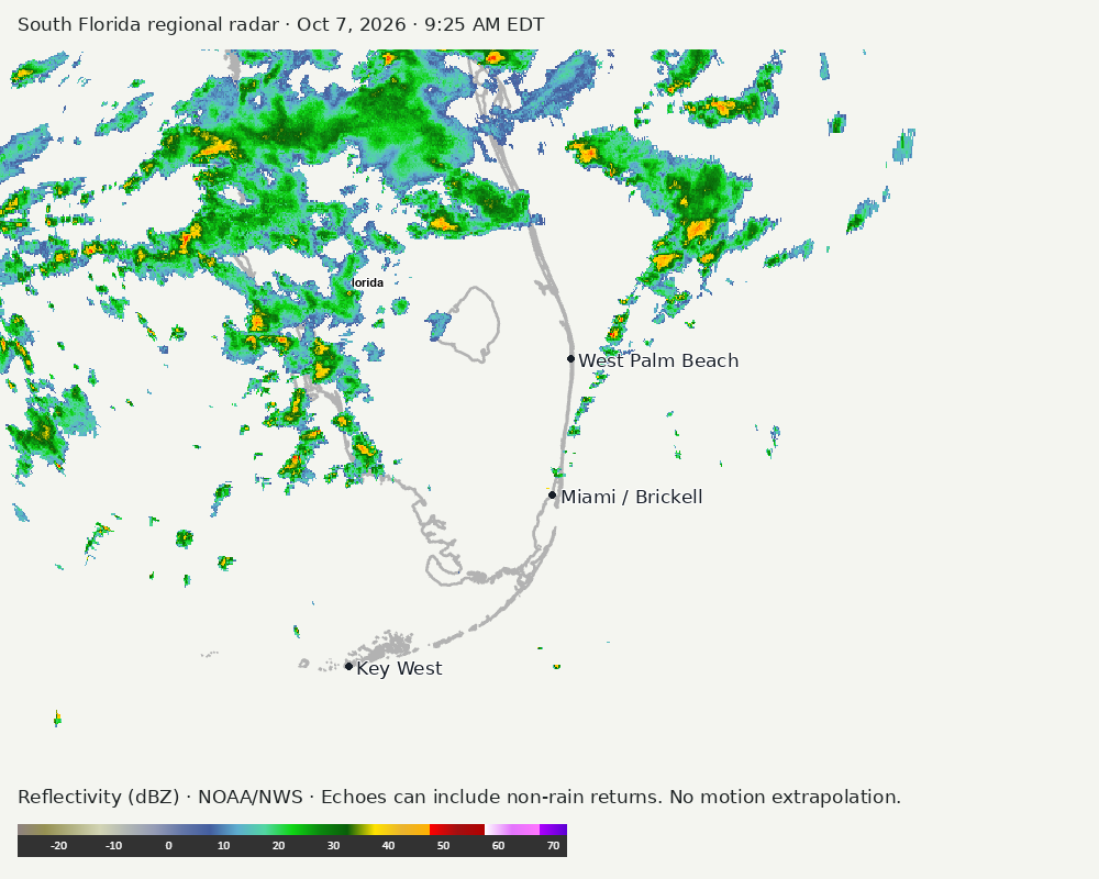 Regional South Florida radar at Oct 7, 2026 · 9:25 AM EDT; open full-size image for map and legend