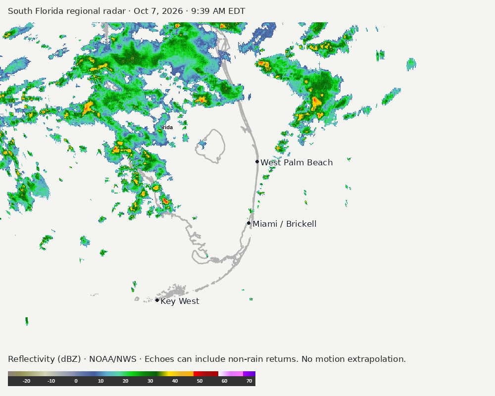 Regional South Florida radar at Oct 7, 2026 · 9:39 AM EDT; open full-size image for map and legend