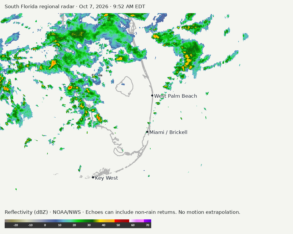 Regional South Florida radar at Oct 7, 2026 · 9:52 AM EDT; open full-size image for map and legend