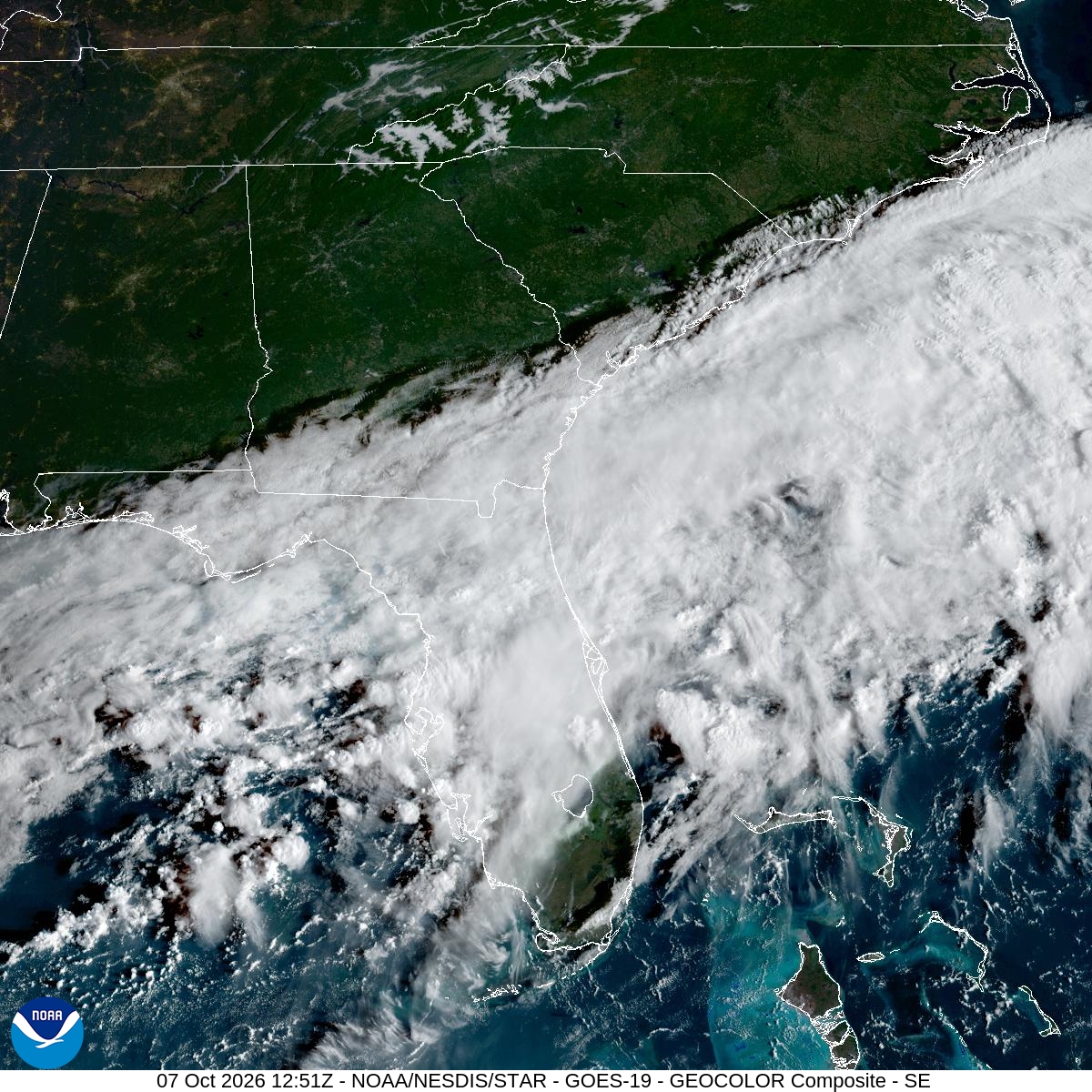 Southeast GeoColor satellite at Oct 7, 2026 · 8:51 AM EDT; open full-size image for map and legend