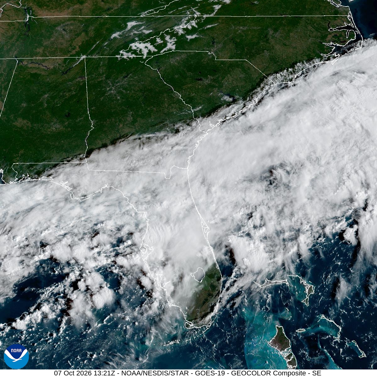 Southeast GeoColor satellite at Oct 7, 2026 · 9:21 AM EDT; open full-size image for map and legend