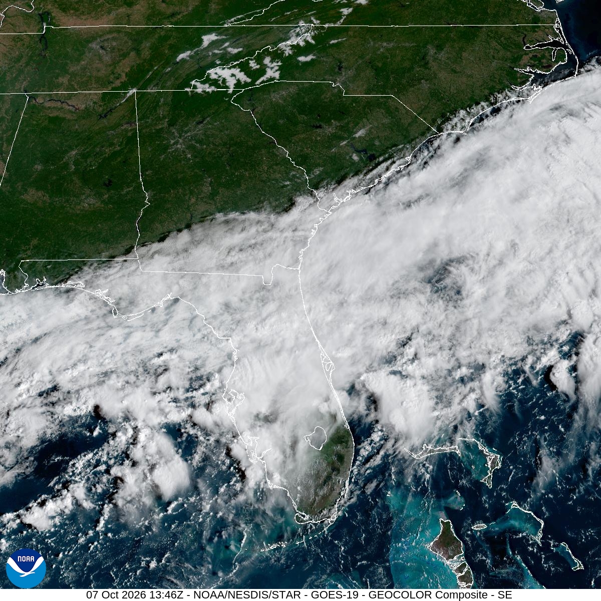 Southeast GeoColor satellite at Oct 7, 2026 · 9:46 AM EDT; open full-size image for map and legend