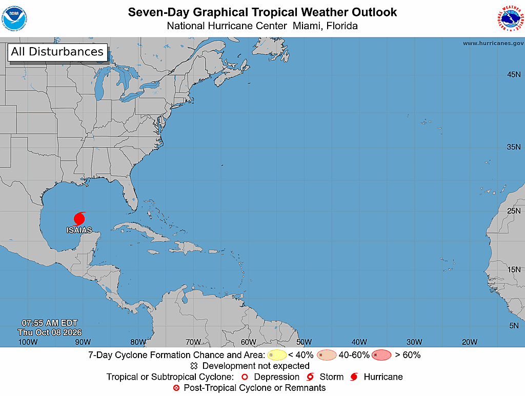 NHC Atlantic seven-day outlook; issuance timestamp and probability legend embedded in graphic