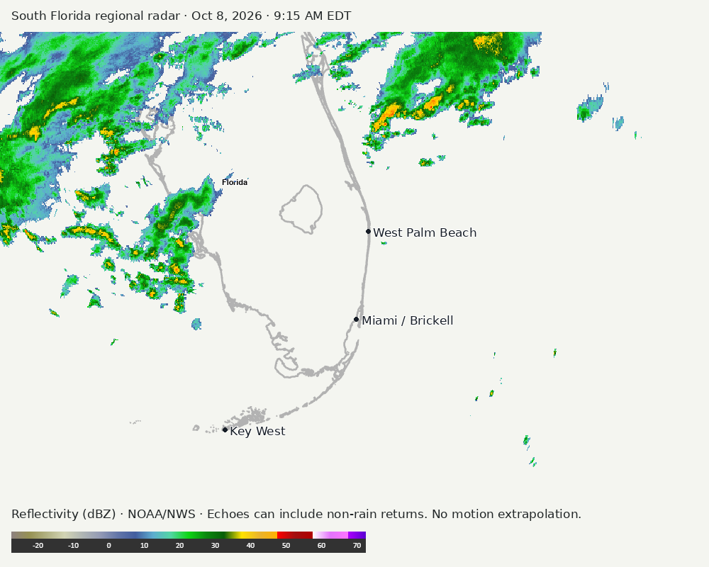 Regional South Florida radar at Oct 8, 2026 · 9:15 AM EDT; open full-size image for map and legend