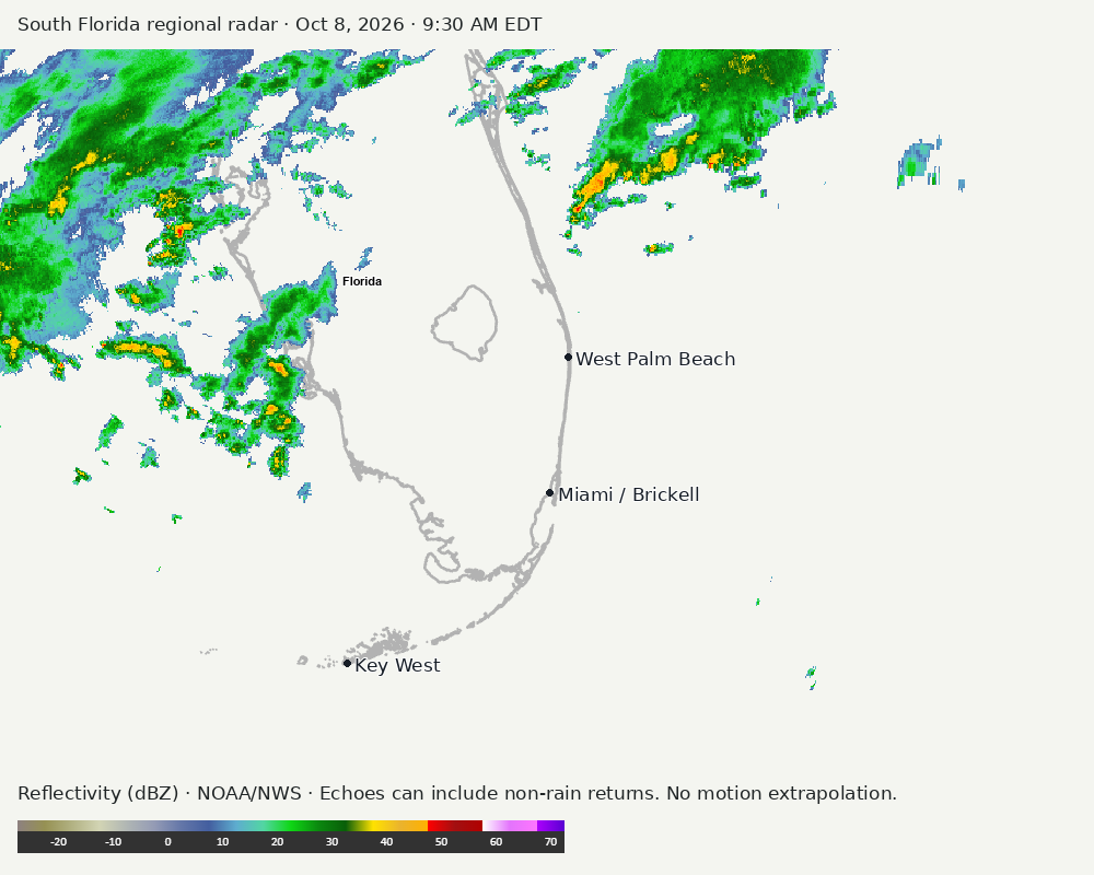 Regional South Florida radar at Oct 8, 2026 · 9:30 AM EDT; open full-size image for map and legend