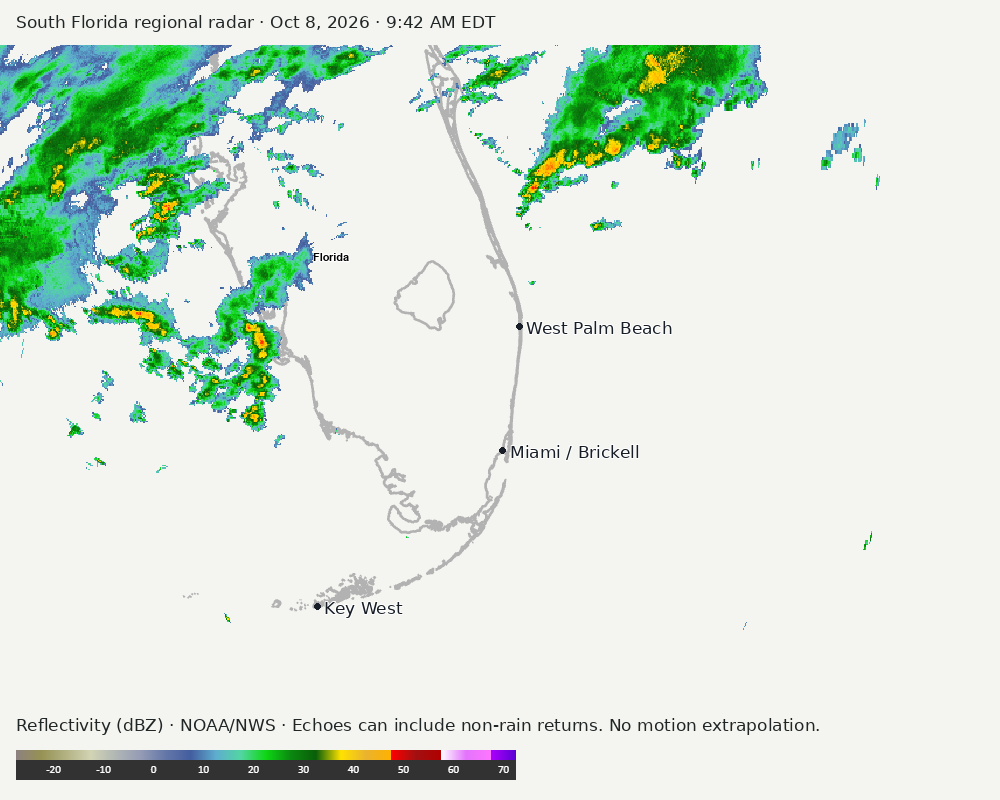Regional South Florida radar at Oct 8, 2026 · 9:42 AM EDT; open full-size image for map and legend