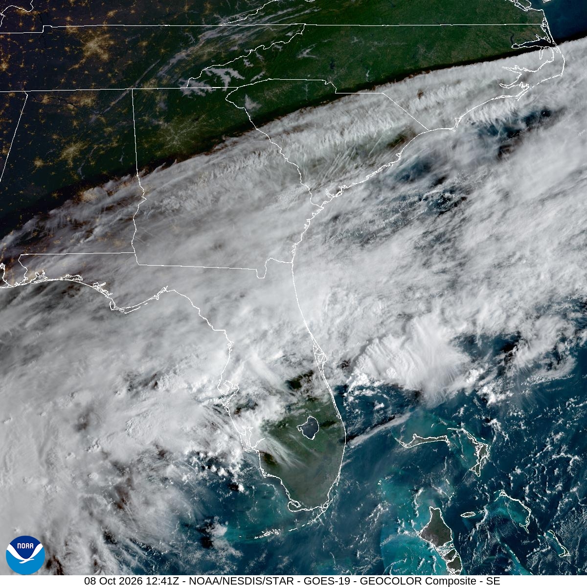 Southeast GeoColor satellite at Oct 8, 2026 · 8:41 AM EDT; open full-size image for map and legend