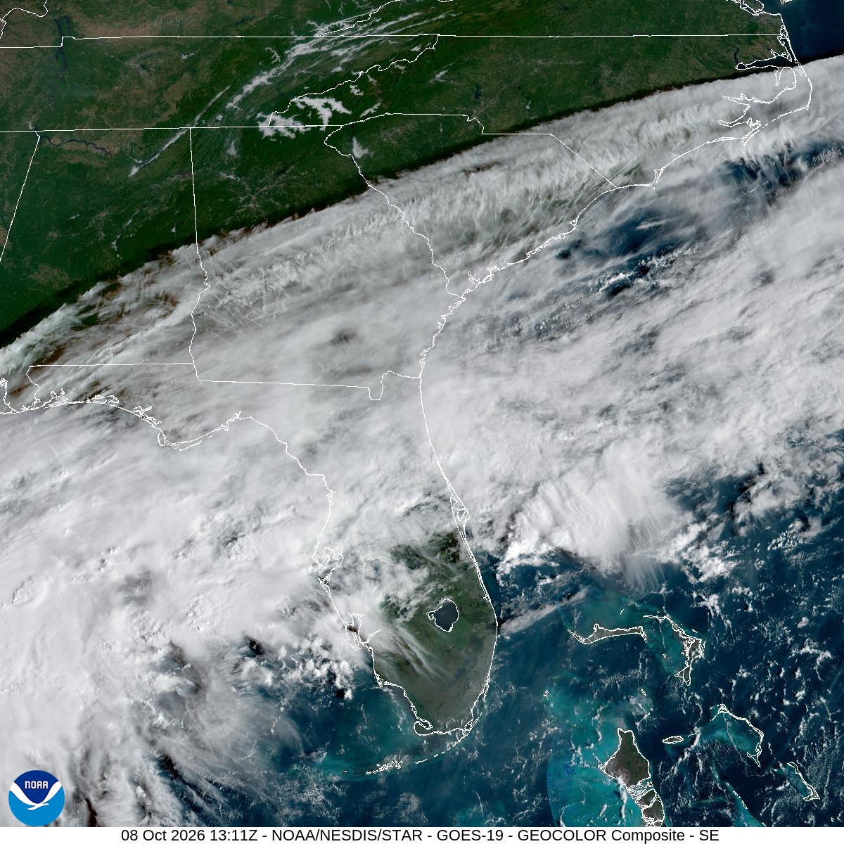 Southeast GeoColor satellite at Oct 8, 2026 · 9:11 AM EDT; open full-size image for map and legend