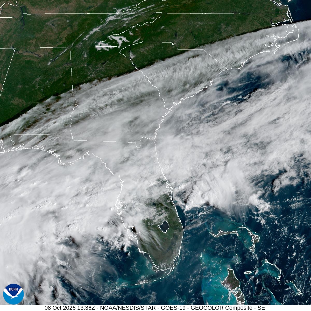 Southeast GeoColor satellite at Oct 8, 2026 · 9:36 AM EDT; open full-size image for map and legend