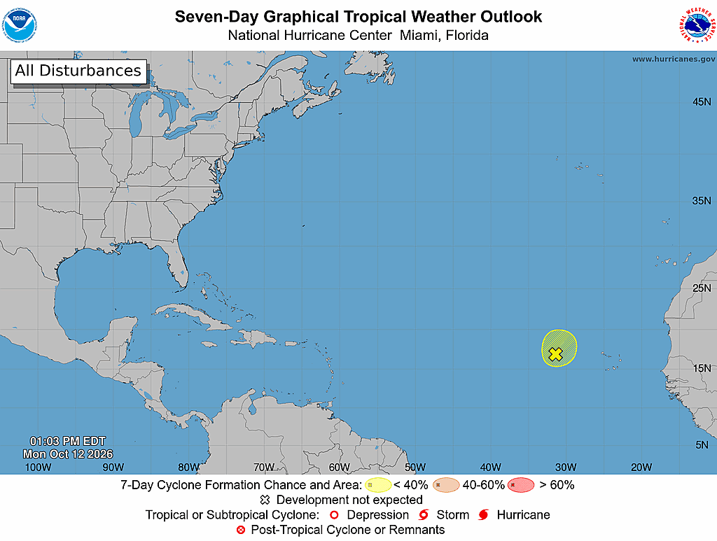 NHC Atlantic seven-day outlook; issuance timestamp and probability legend embedded in graphic