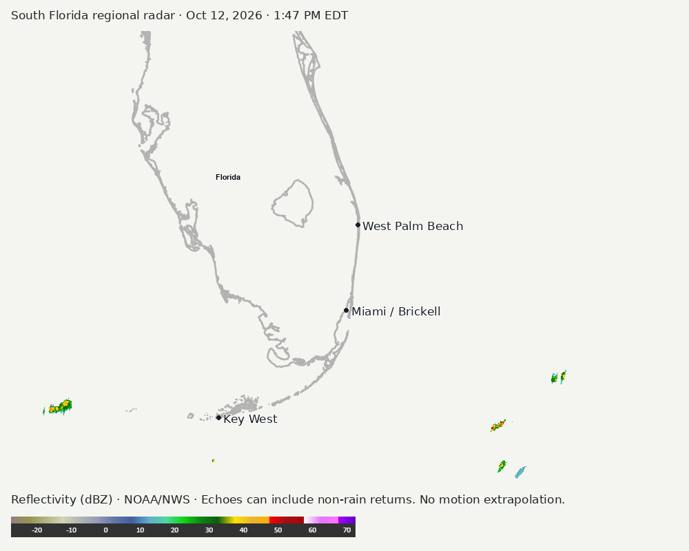 Regional South Florida radar at Oct 12, 2026 · 1:47 PM EDT; open full-size image for map and legend