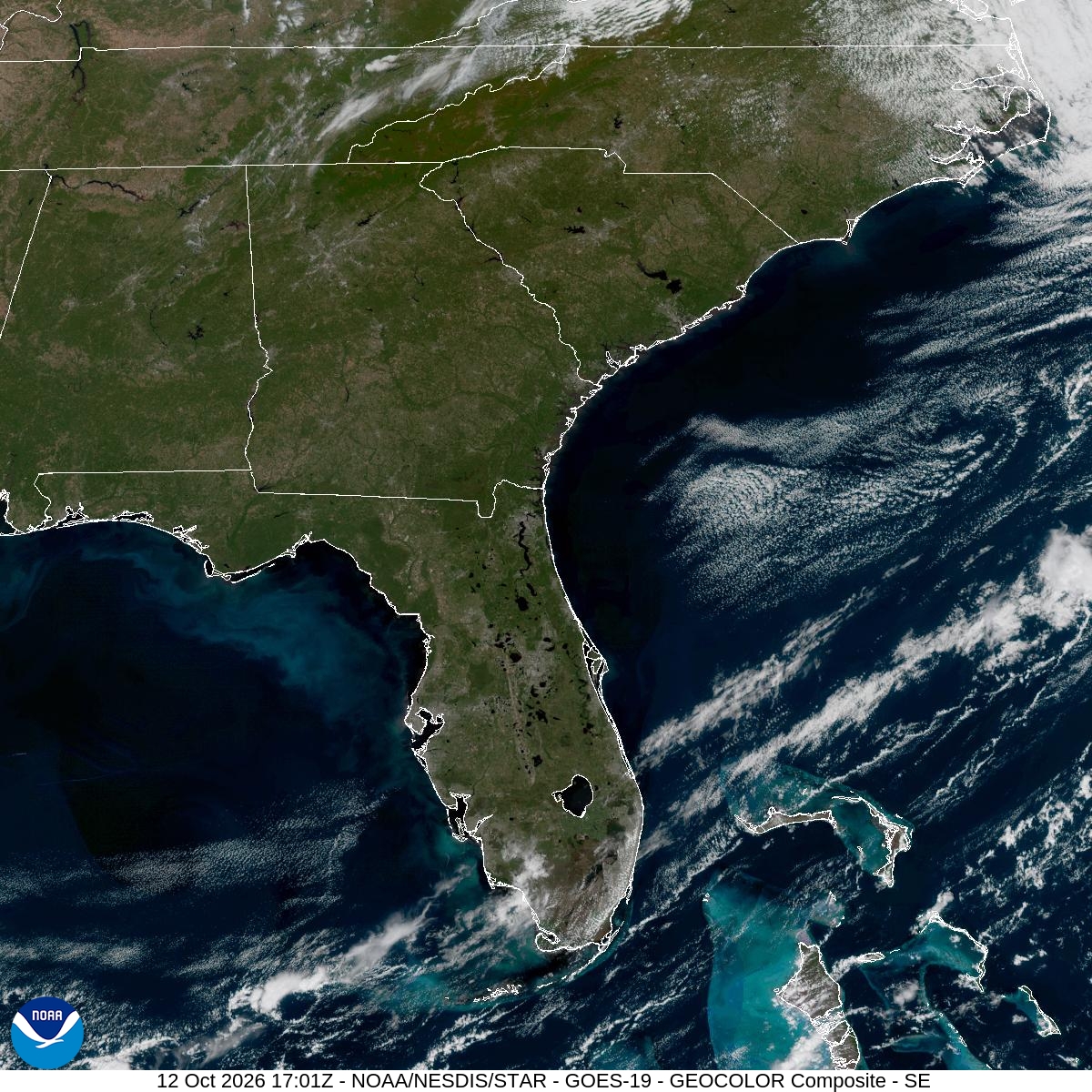 Southeast GeoColor satellite at Oct 12, 2026 · 1:01 PM EDT; open full-size image for map and legend