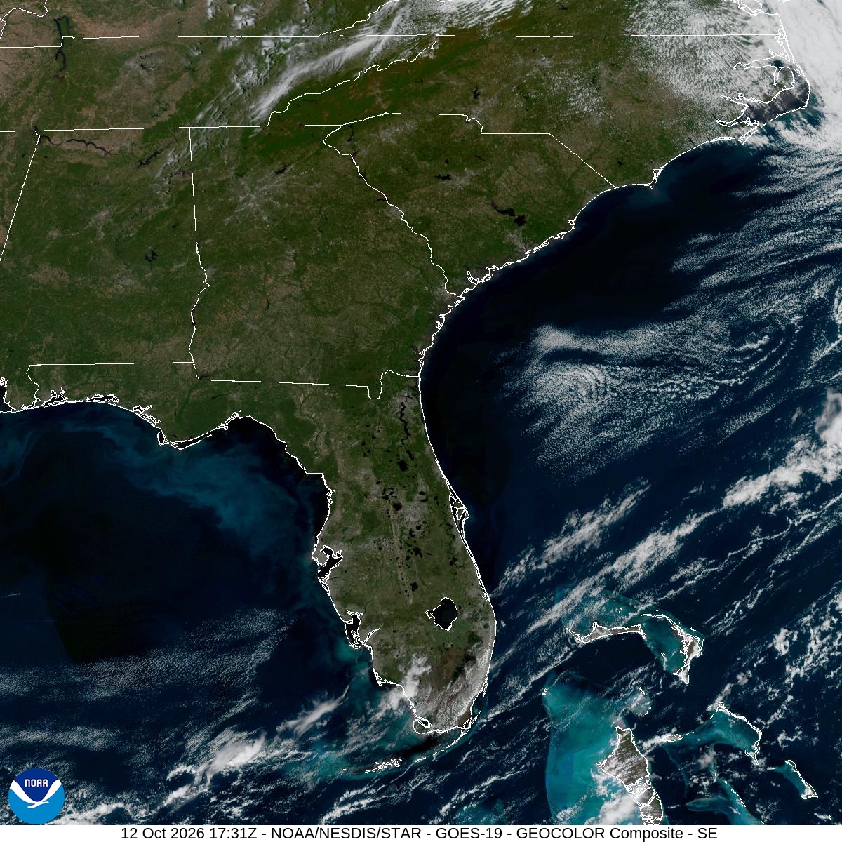 Southeast GeoColor satellite at Oct 12, 2026 · 1:31 PM EDT; open full-size image for map and legend