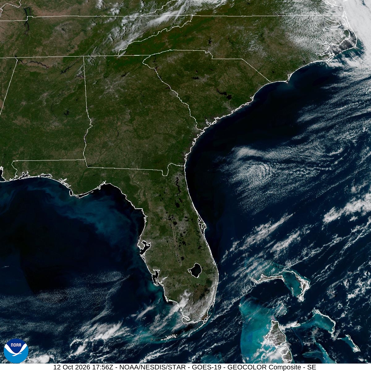 Southeast GeoColor satellite at Oct 12, 2026 · 1:56 PM EDT; open full-size image for map and legend