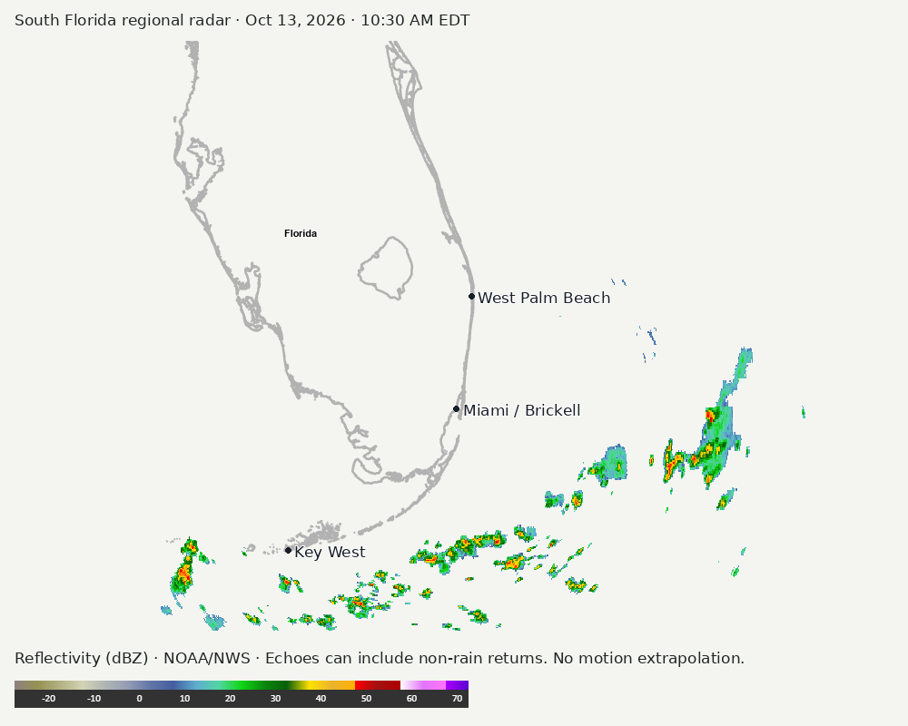 Regional South Florida radar at Oct 13, 2026 · 10:30 AM EDT; open full-size image for map and legend