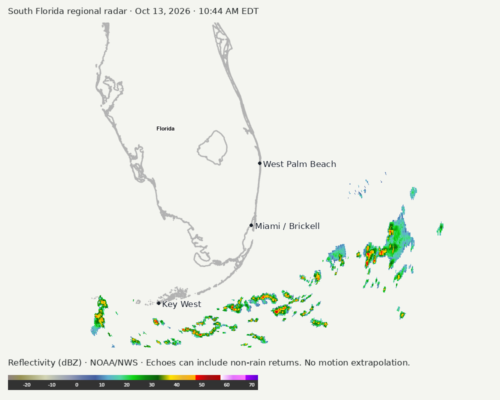 Regional South Florida radar at Oct 13, 2026 · 10:44 AM EDT; open full-size image for map and legend