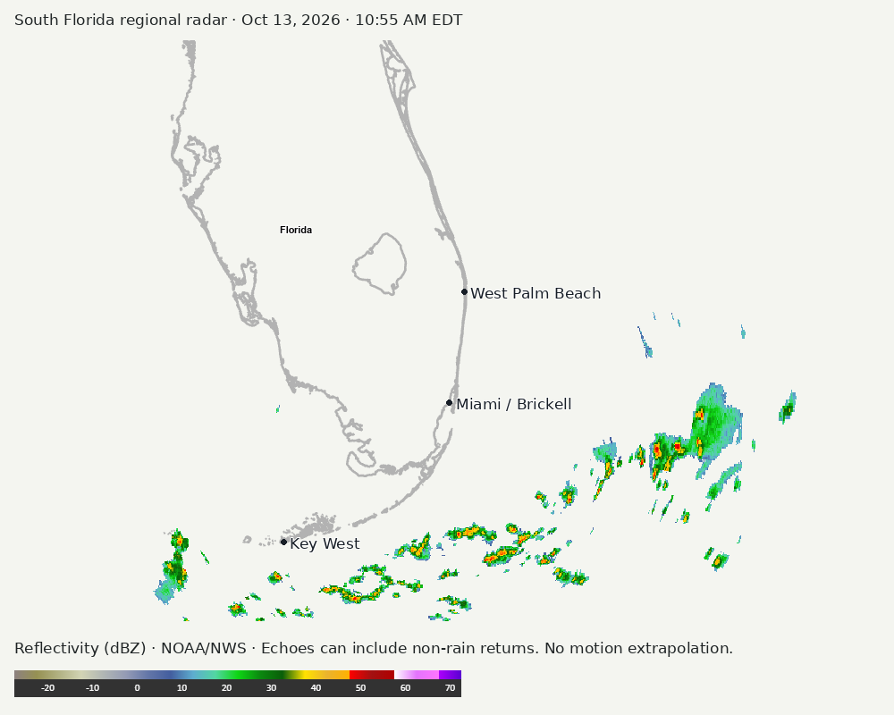 Regional South Florida radar at Oct 13, 2026 · 10:55 AM EDT; open full-size image for map and legend
