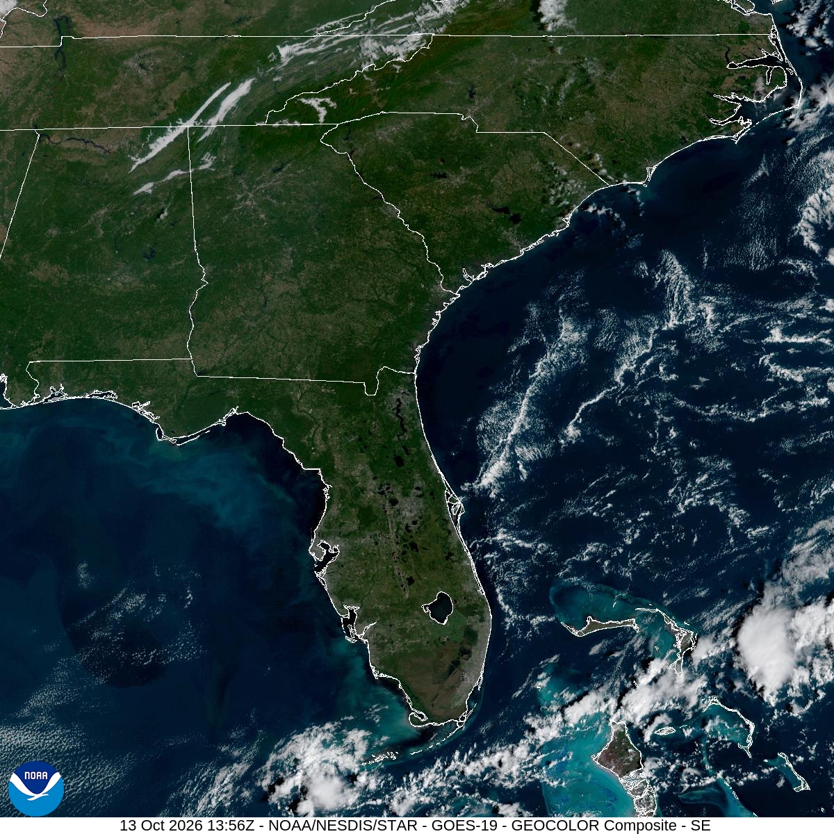 Southeast GeoColor satellite at Oct 13, 2026 · 9:56 AM EDT; open full-size image for map and legend