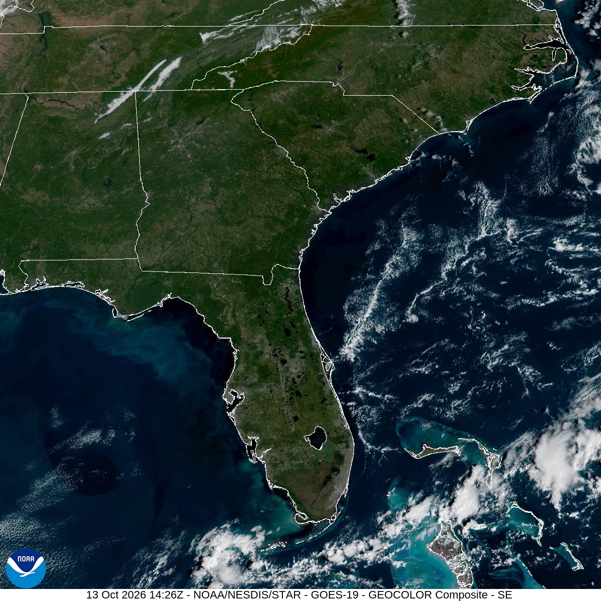 Southeast GeoColor satellite at Oct 13, 2026 · 10:26 AM EDT; open full-size image for map and legend