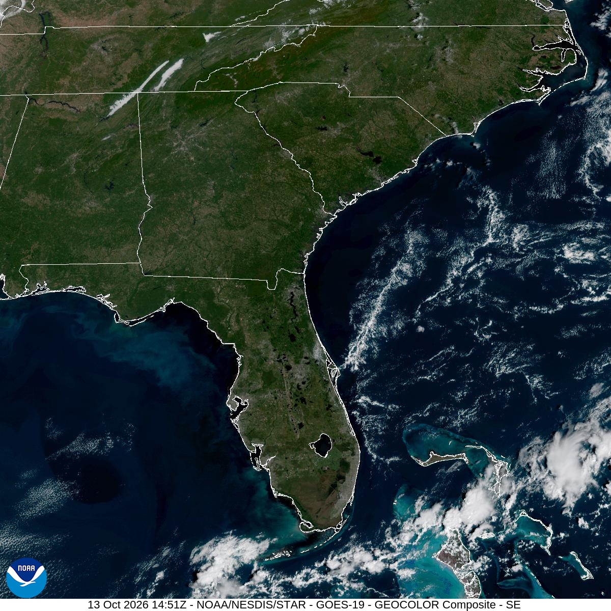 Southeast GeoColor satellite at Oct 13, 2026 · 10:51 AM EDT; open full-size image for map and legend