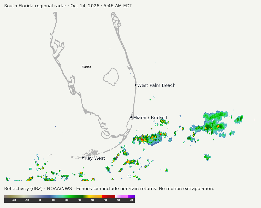 Regional South Florida radar at Oct 14, 2026 · 5:46 AM EDT; open full-size image for map and legend