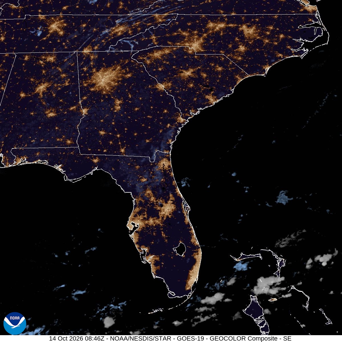 Southeast GeoColor satellite at Oct 14, 2026 · 4:46 AM EDT; open full-size image for map and legend