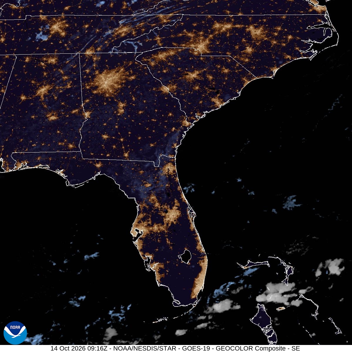 Southeast GeoColor satellite at Oct 14, 2026 · 5:16 AM EDT; open full-size image for map and legend
