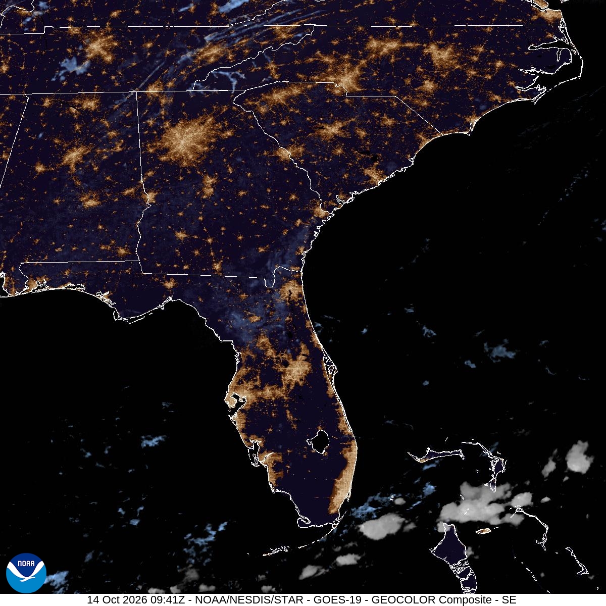 Southeast GeoColor satellite at Oct 14, 2026 · 5:41 AM EDT; open full-size image for map and legend