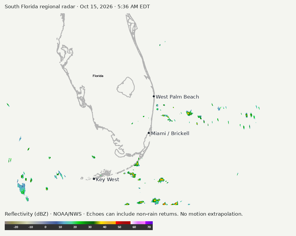 Regional South Florida radar at Oct 15, 2026 · 5:36 AM EDT; open full-size image for map and legend