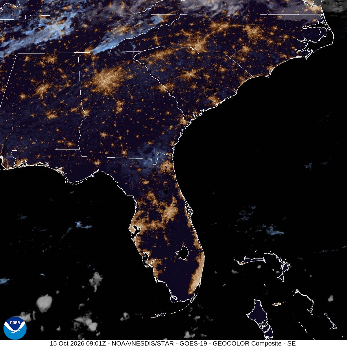 Southeast GeoColor satellite at Oct 15, 2026 · 5:01 AM EDT; open full-size image for map and legend