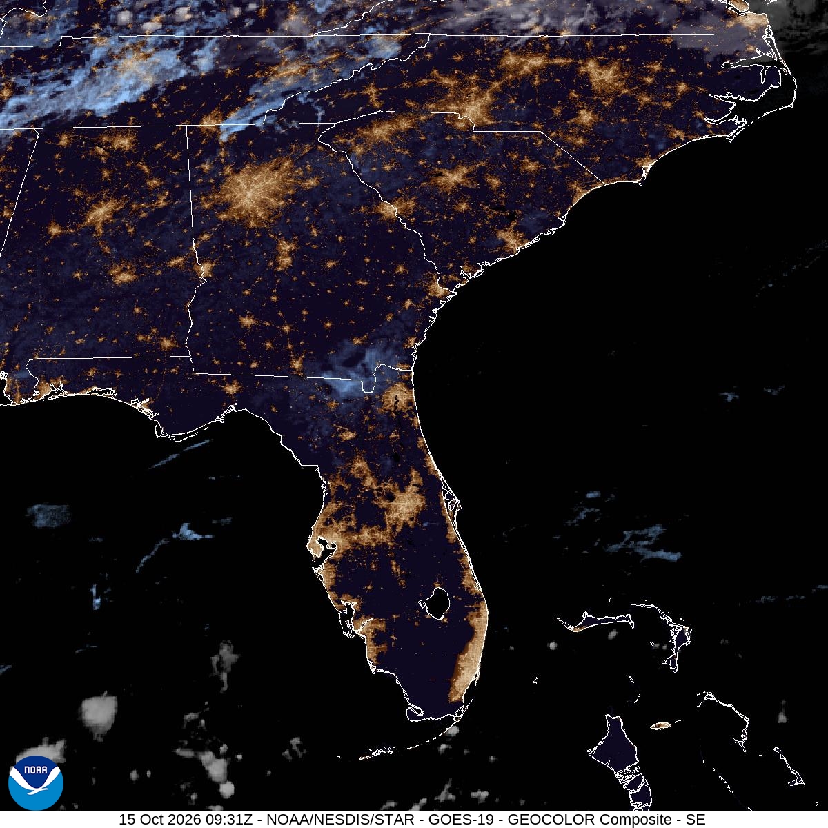 Southeast GeoColor satellite at Oct 15, 2026 · 5:31 AM EDT; open full-size image for map and legend