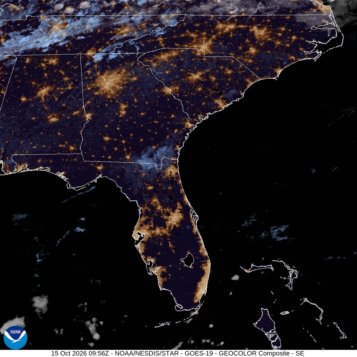 Southeast GeoColor satellite at Oct 15, 2026 · 5:56 AM EDT; open full-size image for map and legend