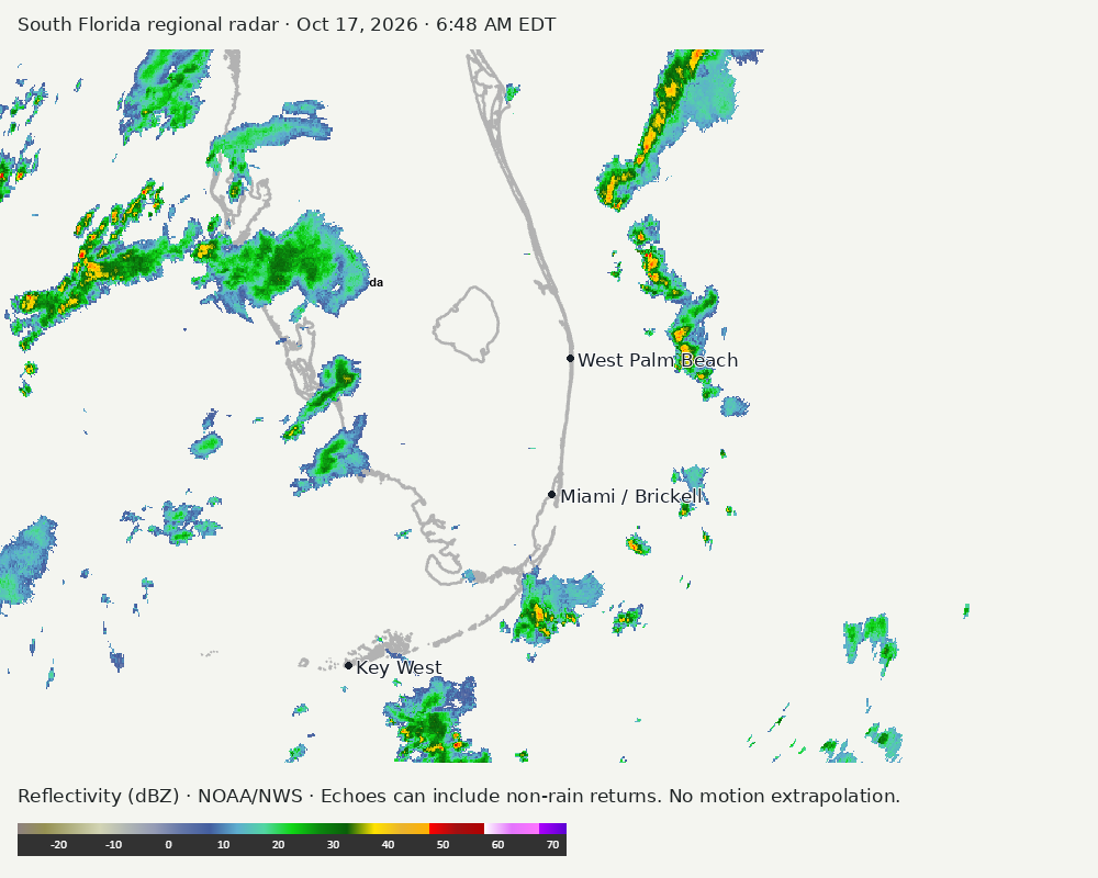 Regional South Florida radar at Oct 17, 2026 · 6:48 AM EDT; open full-size image for map and legend