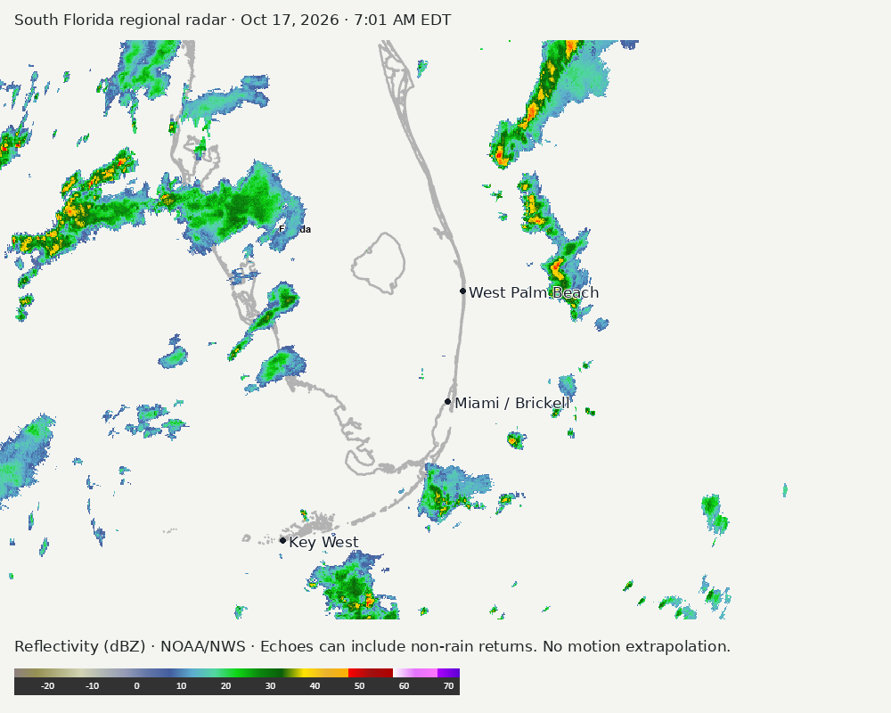 Regional South Florida radar at Oct 17, 2026 · 7:01 AM EDT; open full-size image for map and legend