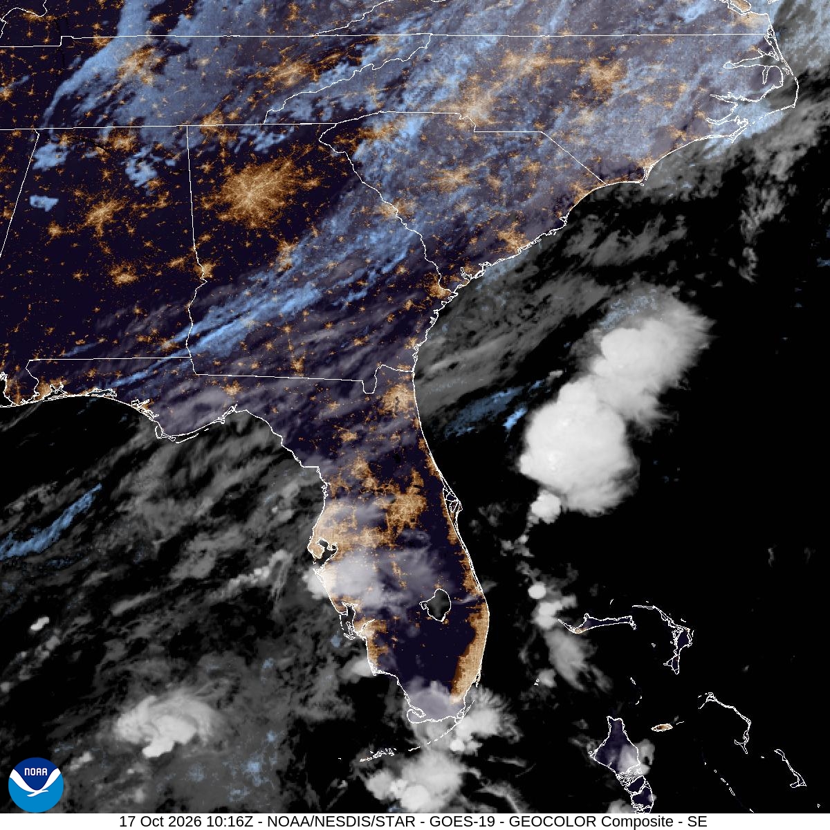 Southeast GeoColor satellite at Oct 17, 2026 · 6:16 AM EDT; open full-size image for map and legend