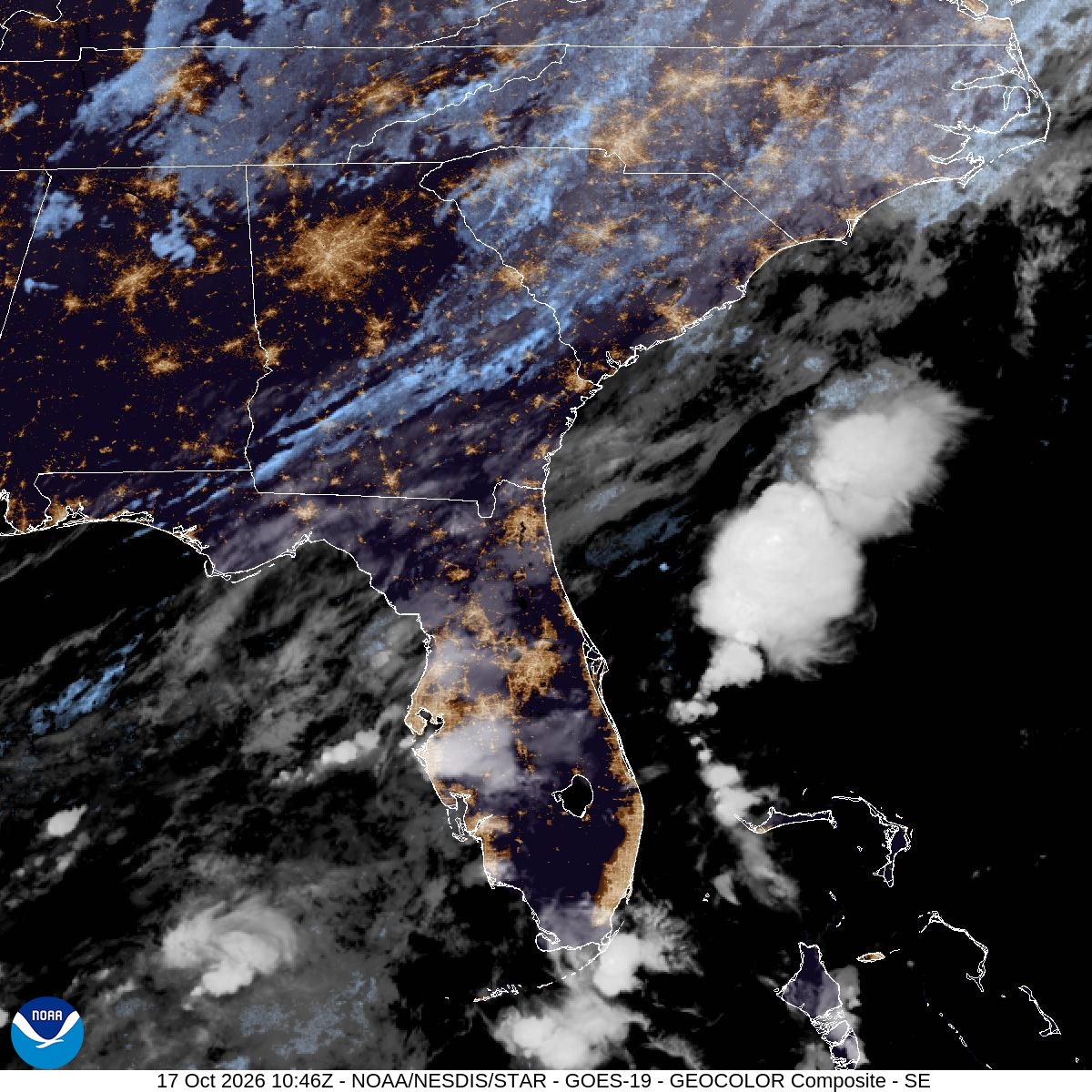 Southeast GeoColor satellite at Oct 17, 2026 · 6:46 AM EDT; open full-size image for map and legend